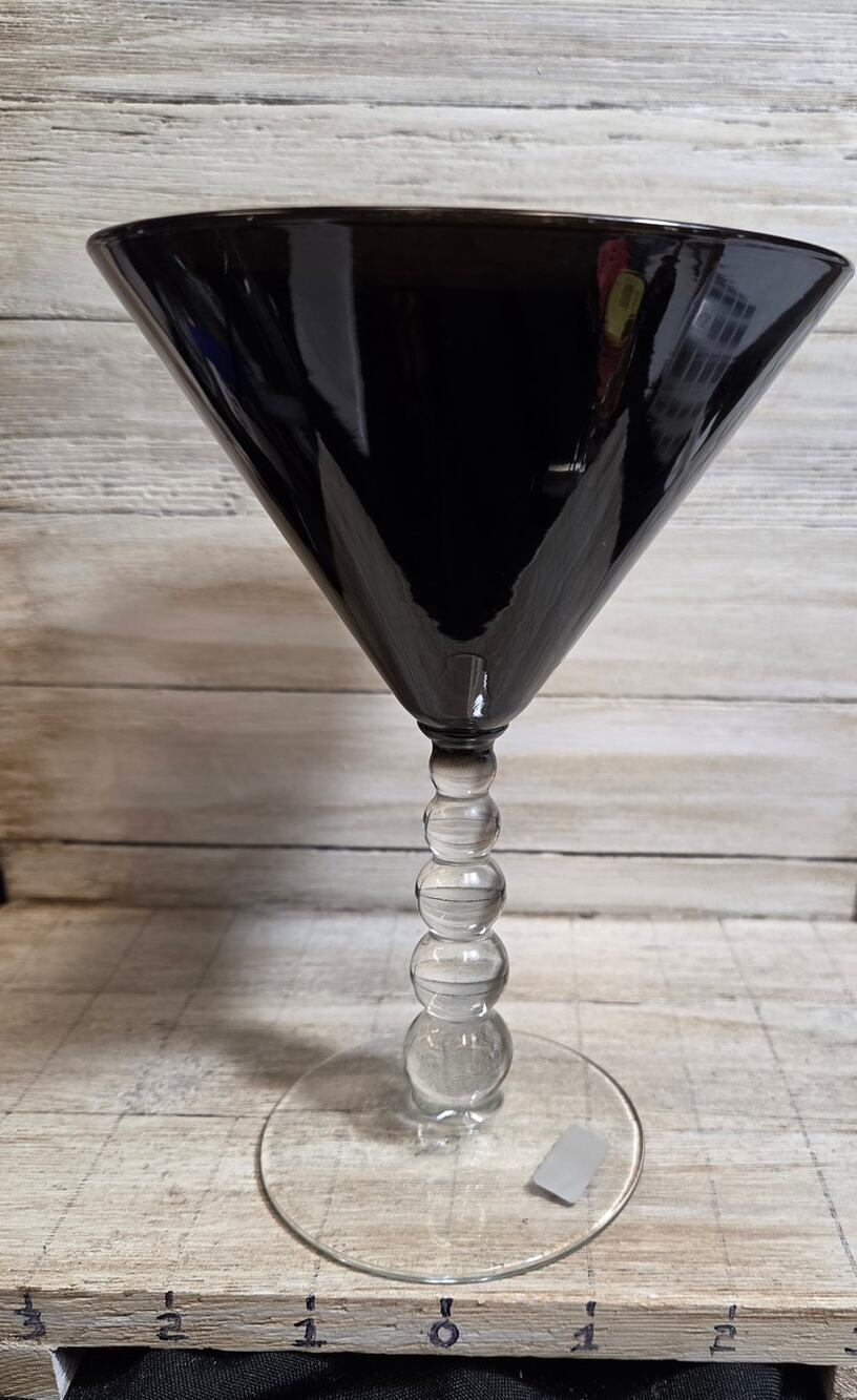 Black Martini Glass Clear Bubble Stem Art Glass Cocktail Goblet 8" Unbranded